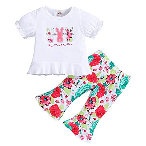 Baby Girl Easter Outfits Toddler Rabbit Embroidery Ruffle Shirt Tops Floral Bell-Bottomed Pants 2Pcs Clothes(Pink, 3-4 T)