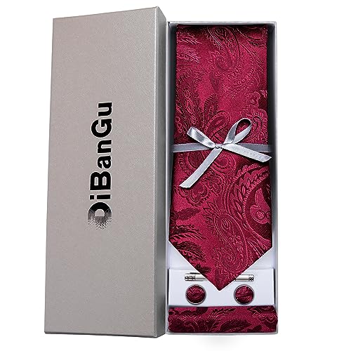 Image of DiBanGu Paisley Ties for Men Silk Necktie and Pocket Square Cufflinks Tie Clip Set Woven Classic Mens Tie for Wedding Party