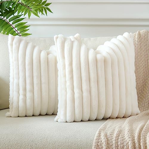 JOTOM Set of 2 Double-Sided Faux Fur Plush Cushion Covers 45x45 cm Soft Striped Decorative Throw Pillow Covers Square Cushion Case Home Decor Pillow Cases for Couch Sofa Bed 18x18 Inch (Cream White)