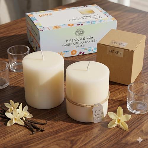 Image of Pure Source India Vanilla Scented Pillar Candle 3x3 inch Smokeless & Dripless Wax Candles for Home Decor and Light Festivals (Set of 2)