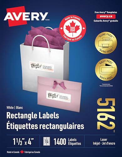 Avery White Rectangle Label with Surefeed Technology and Easy Peel, 1-3/4" x 4", for Laser/Inkjet Printers, Permanent Adhesive, Matte White Paper, 1400 Labels (5162), Made in Canad image 7