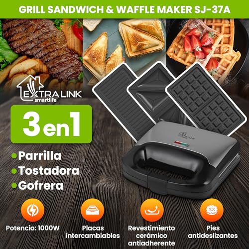 Extralink 3 en 1 Tostadora, Grill y Gofrera con Placas Intercambiables, 1000W, Antiadherente, Fácil Limpieza - imagen 2