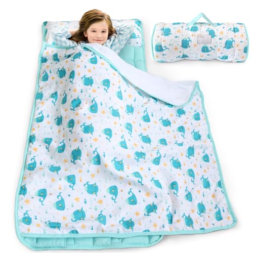 Image of Biloban Toddler Nap Mat with Blanket, Portable Nap Mats for Preschool Kindergarten Daycare Roll up Sleeping Bag for Kids Quilted Nap Mat, Super Soft & Cozy, Blue Whale, 50" x 21"