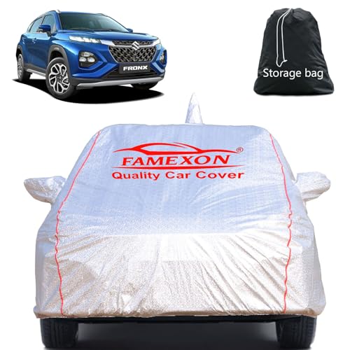 Image of Full Body Car Cover for Maruti Suzuki Fronx with Mirror and Antena Pocket Triple Stiched(Silver with Red Piping)