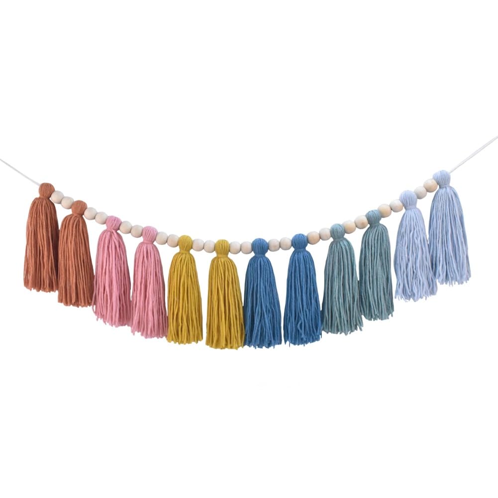 DrCor Boho Tassel Garland Earth Rainbow Nursery Decor - Cotton Wall Hanging