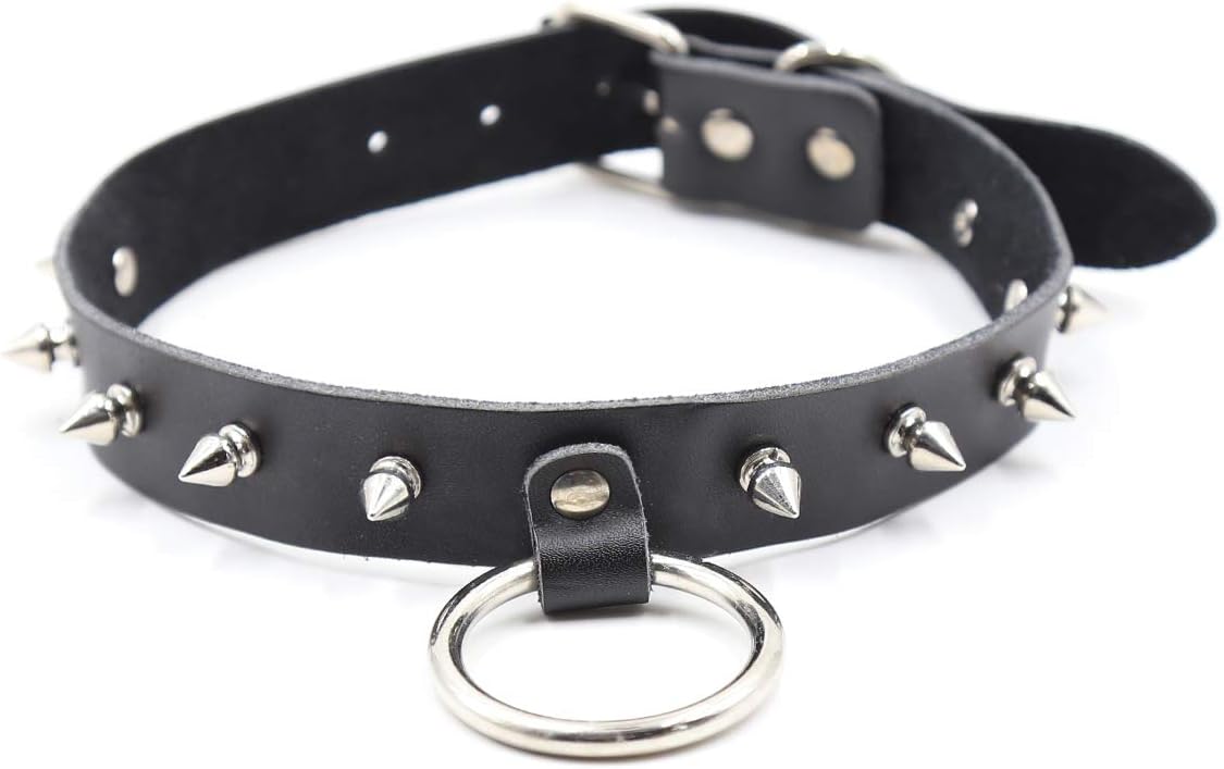 BDSM Black Neck Cover, Genuine Leather Traction Chain, Couple Adjustable Pointed Nail Collar, Women's Punk Style