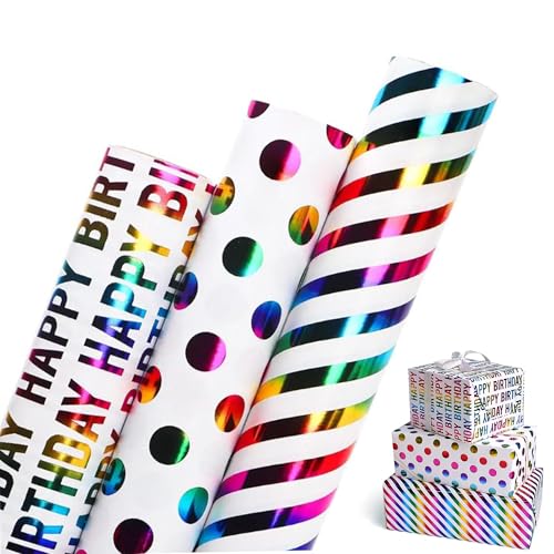 zilSquare Birthday Wrapping Paper Rolls 3 rolls 43CM x 3M Per Roll Gift Wrapping Paper Colorful Birthday Design for Party Holiday Baby Shower Thick Gift Wrap Paper ورق تغليف هدايا