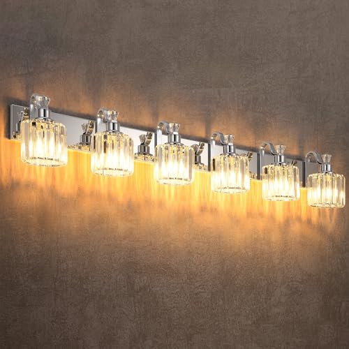 Image of GAOMON LED Modern Crystal Bathroom Vanity Lights Over Mirror, Chrome Bathroom Light Fixtures Wall Light (6-Light)
