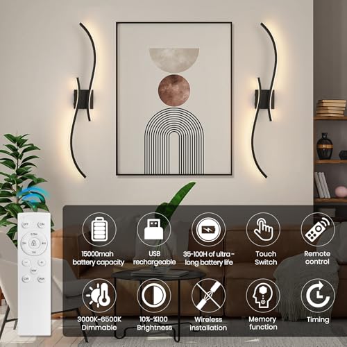 Image of Battery Operated Wall Sconce Set of 2, 18000mAh Black Rechargeable Wall Lights with Remote Control,3000K-6000K Dimmable LED Wireless Wall Light for Living Room Bedroom Hallway,39.3 Inch (Black)