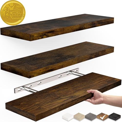 BAYKA Floating Wood Shelves - Wall Mounted for Bathroom,Bedroom,Living Room,Kitchen,Small Hanging Shelf for Books/Storage/Room Decor with 22lbs Capacity(Rustic Brown,Set of 3,15.7inch)