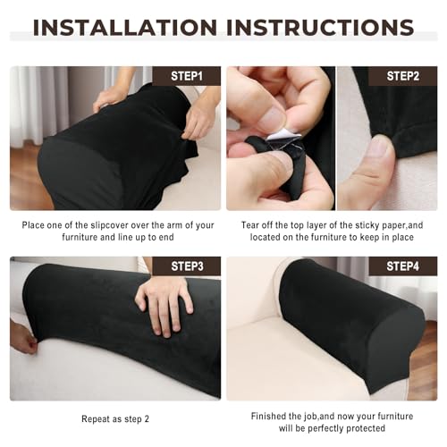 Image of Couch Arm Covers 2 Pcs Sofa Armrest Covers Stretch Couch,Armrest Cover for Chairs Scratch-Resistant Sofa Arm Cover Armchair Slipcovers,Black