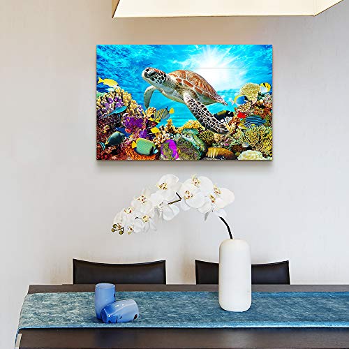 Family Canvas Wall Art - Sea Turtles & Blue Ocean - 16x24 Inch - For Bedroom, Living Room, Kitchen & Office
