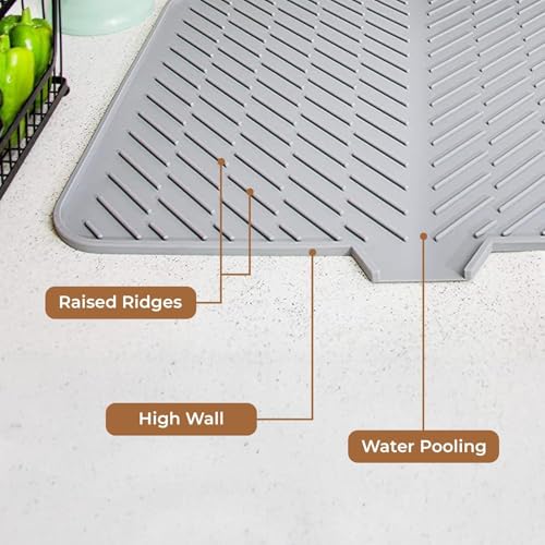 Image of CooRug Silicone Dish Drying Mat for Kitchen - Built-in Drain Lip | Hygienic Drying Pad - Sturdy Compact Easy to Clean Tray Protects Surfaces Prevents Water Build Up - 23 X 17 Inches (Grey)