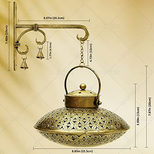 Iron Antique Brass - Decor Incense Holder Dhoop Degchi Pot with Brass Bells Wall Hanging with - Oval Shape| Big Size lobhan Dhani Wall Mounted Burnner - Set of 1 - Gold