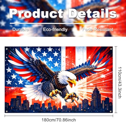 Image of IVN Patriotic Eagle Backdrop Banner 71 x 43 Inch USA Flag Stars Stripes Eagle City Skyline Background Photo Booth Backdrop 4th of July Independence Day Memorial Day Veterans Day Indoor Outdoor Decor