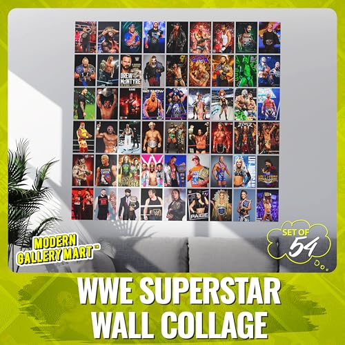 Image of MODERN GALLERY MART Pack of 54 WWE Superstars Wall Collage Kit Posters - 4 x 6 Inches Posters for Wall Decoration - Wall Art For Bedroom, Office, Living room, Dorm room - Glue Dots Included