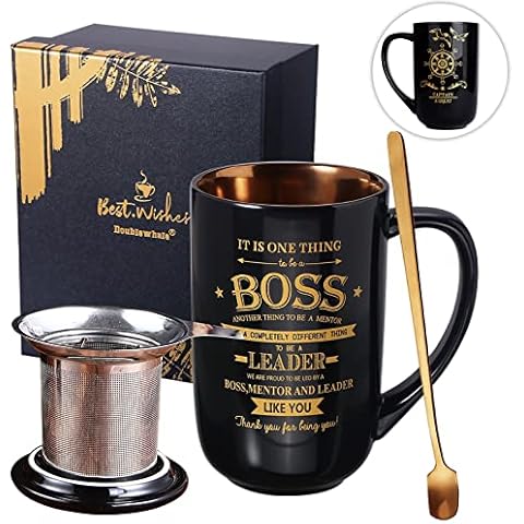 Boss Gifts - Boss Large Porcelain Coffee Tea Mug with Infuser 18Oz - Best Office Birthday Gifts for Boss - Farewell Gift Idea for Worlds Best Boss, Him, Leader, Men Cover