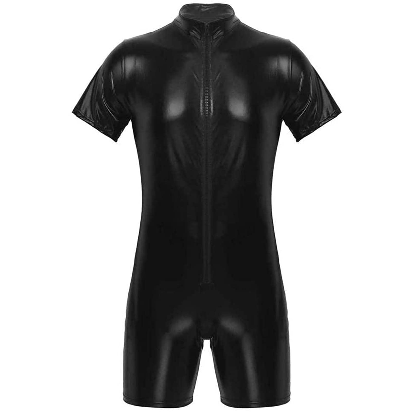 MIAOBHDP Men's PVC Leather Wet Look Front Zipper Bodysuit Short Jumpsuit Catsuit Nightclub Costumes Clubwear Lingerie,XL White