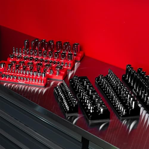 Image of Olsa Tools Magnetic Socket Organizer | 1 /2-inch Drive | SAE | RED | Holds 16 Sockets | Professional Quality Tools Organizer