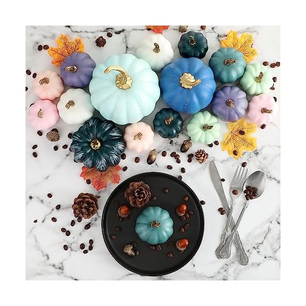 Ywlake Pumpkin Fall Decorations 16pcs, Decorative Large Small Outdoor Blue Green Pink Teal Foam Plastic Fake Faux Artificial Pumpkins for Halloween Autumn Harvest Festival Home Table Decor - Image 5
