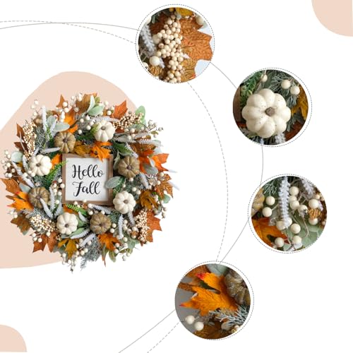 Image of 24inch Thanksgiving Fall Wreath, Eucalyptus Berries Pumpkins Lamb Ears Leaves Autumn Wreaths for Front Door, Fall Decor, Porch Wall, Home Outdoor Holiday Decorations Wreath for Autumn(24in)