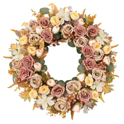 wwmira 22 Inch Dusty Rose Fall Wreath, Boho Farmhouse Autumn Wreath with Taupe Roses, Clematis, Eucalyptus & Berries, Soft-Tone Seasonal Wreath for Front Door Indoor Covered Outdoor Thanksgiving Decor