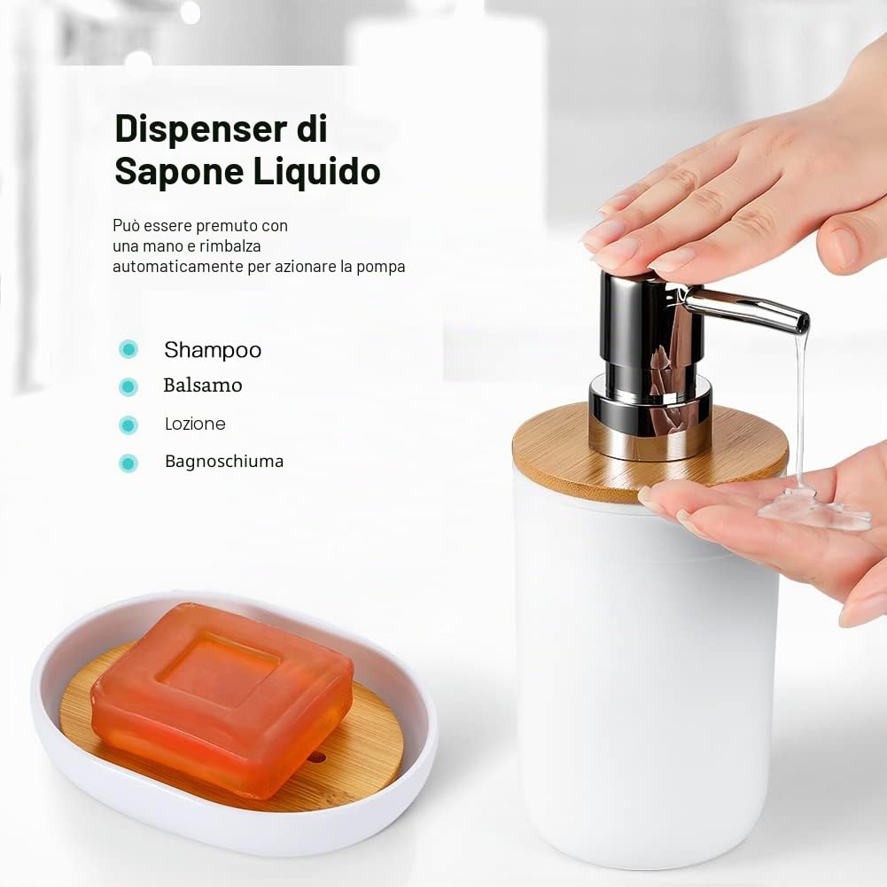 JOTOM Set di 7 Accessori da Bagno in Bambù Accessori in Plastica di Lusso Portacotton Fioc Portaspazzolino Bicchiere Scopino WC Portasapone Cestino Spazzatura Dispenser Regalo Bagno (Bianco) (JQJT1009