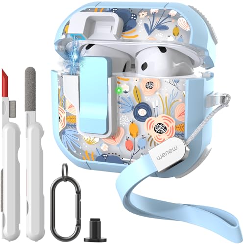 Image of WENEW Case for AirPods 4th Case Cover Secure Lock Automatic Snap Switch Clip Cleaner Kit Lanyard Women Stylish Flower Armour Hard Shell Full Body Front LED Visible (Blue, AirPods 4)