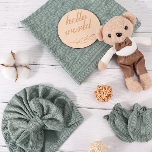 Image of AQOKKA Newborn Receiving Blanket with Bow Hat Mittens Wooden Card Set Wheat-Pattern Newborns Toddler Baby Boy Girl Nursery Swaddle Wrap