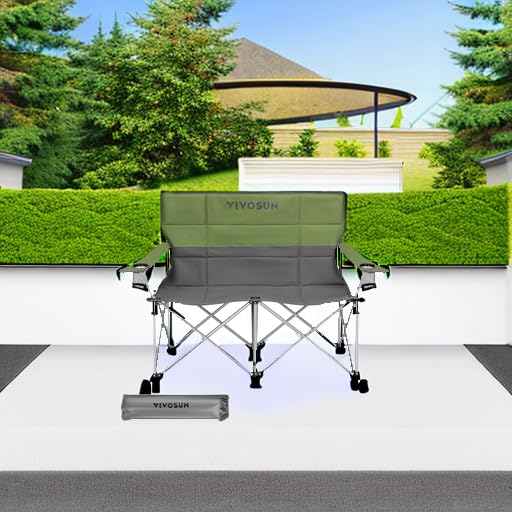Image of [outlets]VIVOSUN Double Camping Chair, Fully Padded Folding Loveseat, Portable Oversized Duo Chair with Storage Cup Holders, Height-adjustable Armrests & Carry Bag, Supports up to 500lbs, Green & Grey