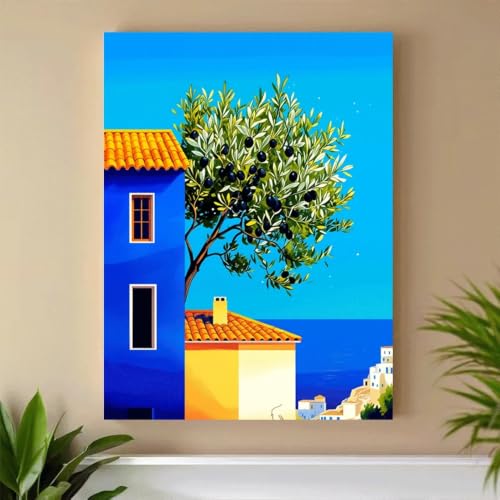 Póster mediterráneo de casa azul con vistas al mar de verano 2