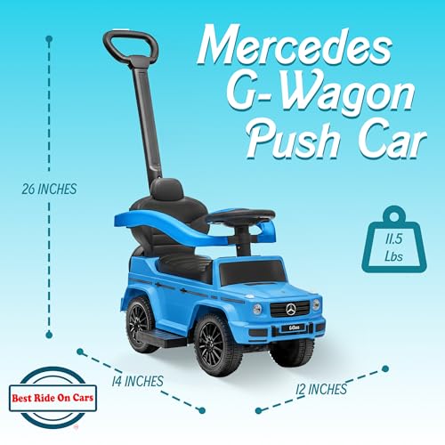 Image of Best Ride On Cars Kids Outdoor Stroller Mercedes G-Wagon 3-in-1 Push Car with Detachable Handle, Safety Rails, and Working Horn, Blue
