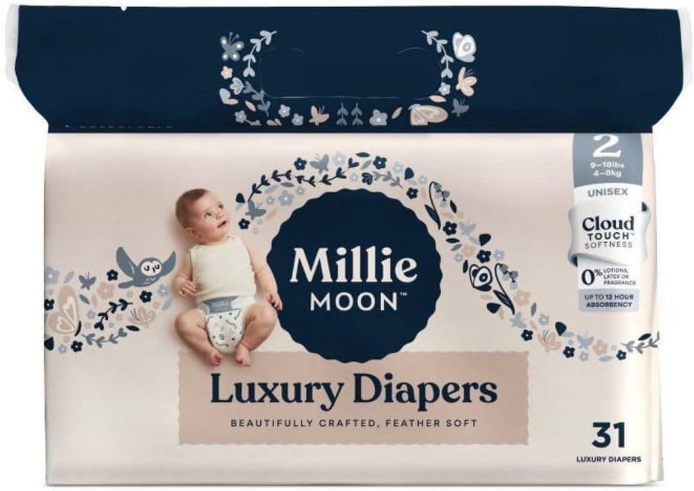Millie Luxury Diapers, Size 2 (9–18 lbs), Ultra Soft & Absorbent, Unisex Infant Diapers, Gentle & Breathable, Pack of 31