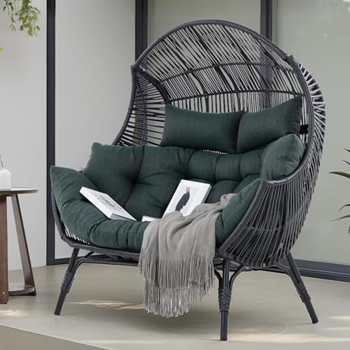 IRONCK Double Egg Chair Outdoor, 2 Person Wicker Lounge Chair, Oversized Thickened Padded Cushions and Headrests, 680 Lbs Egg Loveseat for Indoor, Patio, Living Room, Porch, Balcony, Dark Green