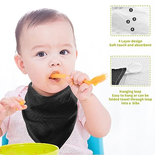 Image of YETTASBIN Solid Black Muslin Baby Hand Washcloths, Soft Cotton Bath Face Towel, 4 Layers Extra Absorbent Feeding Burp Cloth for Newborn Infant Sensitive Skin, 5 Pack