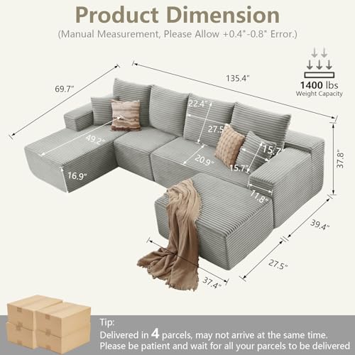 Image of Lakifun 135 inch L-Shape Sofa with Ottoman, Modern Modular Sectional Comfy U-Shape Cloud Couch, Deep Seat, Upholstered Corduroy Sleeper Chaise Longue for Living Room Bedroom, No Assembly Required, Grey