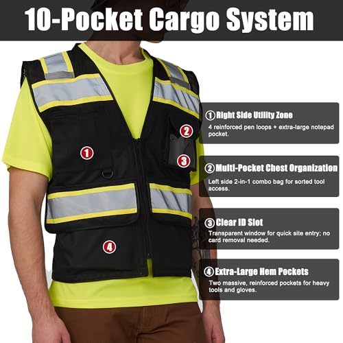Image of A-SAFETY High Vis Reflective Safety Vest for Men Women Zipper Ipad Pockets Mesh Construction Apparel Neon Vest for Work