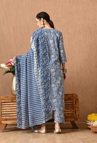 Image of Amazon Brand - Tavasya Women Cotton Anarkali Kurta Pant Dupatta Set | Printed Ethnic Suit Set | Flared Anarkali Kurta with Pant & Dupatta | Festive & Casual Wear