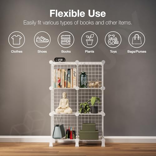 Image of BOXJOY 6 Shelf Metal Grid Open Book Shelf & Showcase Rack for Living Room Display with Bottom Stand | DIY Modular Bookshelf Organizer for Home Bedroom Office | Cabinet Organiser Self Storage (White)