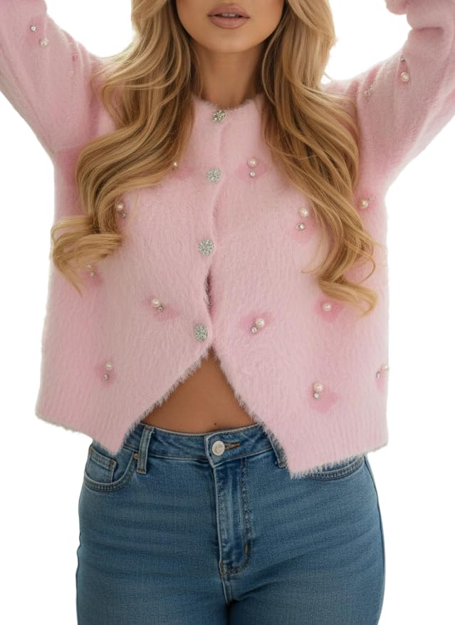 Womens Fuzzy Cropped Cardigan Sweater Long Sleeve Crewneck Pearl Rhinestone Soft Knit Button-Down Sweater Top