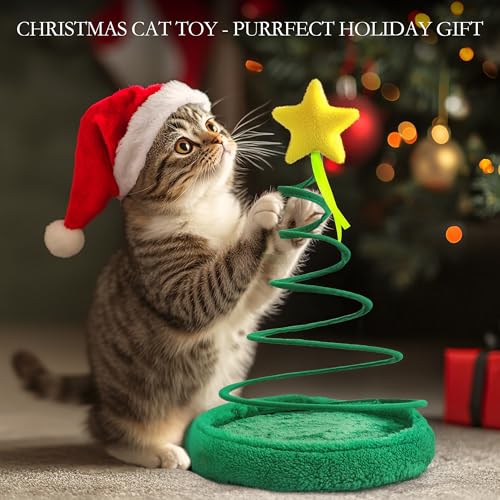 PAWISE Cat Toys for Indoor Cats, Christmas Interactive Kitten Toys, plush spring high resilience collapsible Christmas tree star style pet toys — photo 2