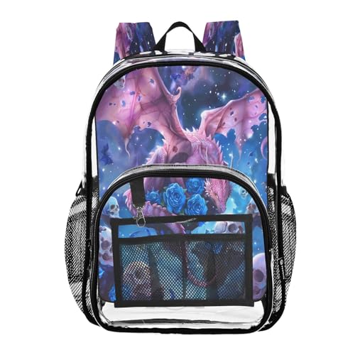 Cute Dragon Sugar Skull Clear Backpack Heavy Duty See Through Transparent PVC BookBag for Kids Boy Girl School Work