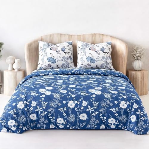 Image of DECOR2ADMIRE Premium Cotton Bedsheet Double King Size 90x100 Inches, 300 TC Soft Breathable Printed Bed Sheet with 2 Pillow Covers (Indigo Meadow, Double 90 inch x 100 inch)