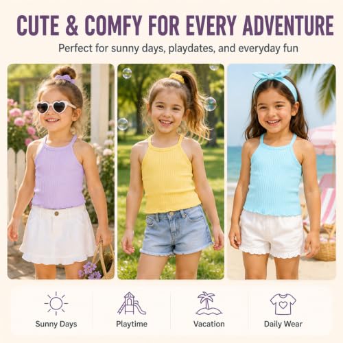 Image of ROMPERINBOX Toddler Tank Tops Girls 3 Pack Ribbed Knit Multipacks Halter Top Camisoles Undershirt