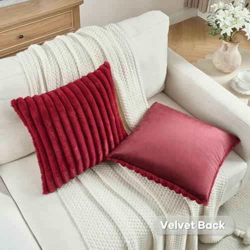 FUTEI Burgundy Striped Decorative Throw Pillow Covers 26x26 Inch Set of 2,Wine Red Square Fall Decorations Couch Euro Pillow Shams,Soft Cozy Faux Rabbit Fur & Velvet Back,Modern Home Decor for Bed