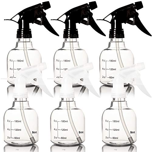 Youngever 6 Pack Empty Plastic Spray Bottles, Spray Bottles for Hair and Cleaning Solutions, 3 Clear and 3 Black Colors (8 Ounce)