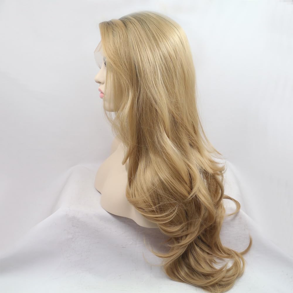 Xiweiya Long Wavy Hair Ombre Blonde Lace Wigs with Light Brown Roots 13x3 Lace Side Part Synthetic Lace Front Wig Heat Resistant Fiber Blonde Wigs for Women Daily Wear 24” - Image 4