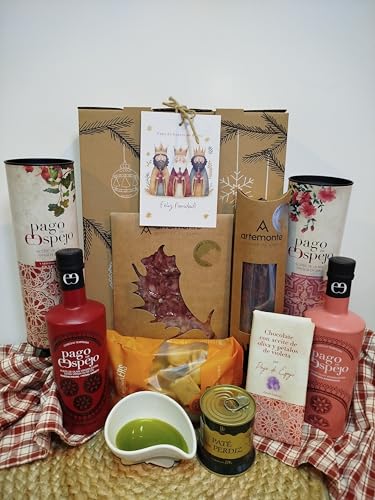 Cesta de Navidad Gourmet Regalo Premium con AOVE Picual y Arbequina Paté de Perdiz Lomo de Jabalí Salchichón de Ciervo Chocolate con Violeta Regañas Caja Decorada y Tarjeta para Empresa o Familia