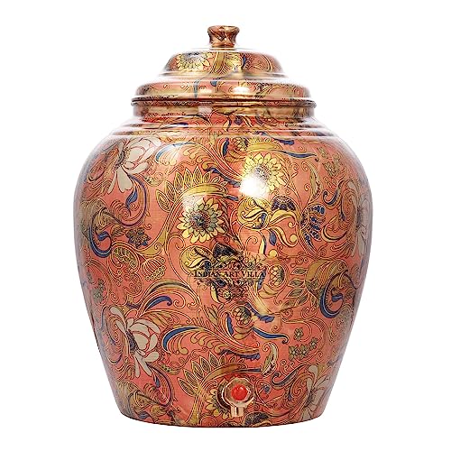 Image of Indian Art Villa Printed Flower Design Copper Water Dispenser Pot Matka, Storage, Home Kitchen Garden, 13 LTR