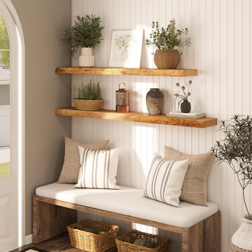 Image of 55 inch Floating Shelves, Solid Elm Wood, Natural Live Edge